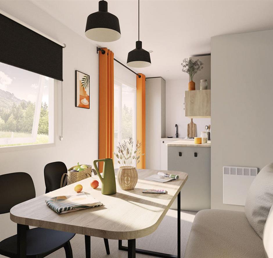 Salon moderne cottage 2 personnes avec télévision et banquette confort - Camping Saint Hilaire de Riez